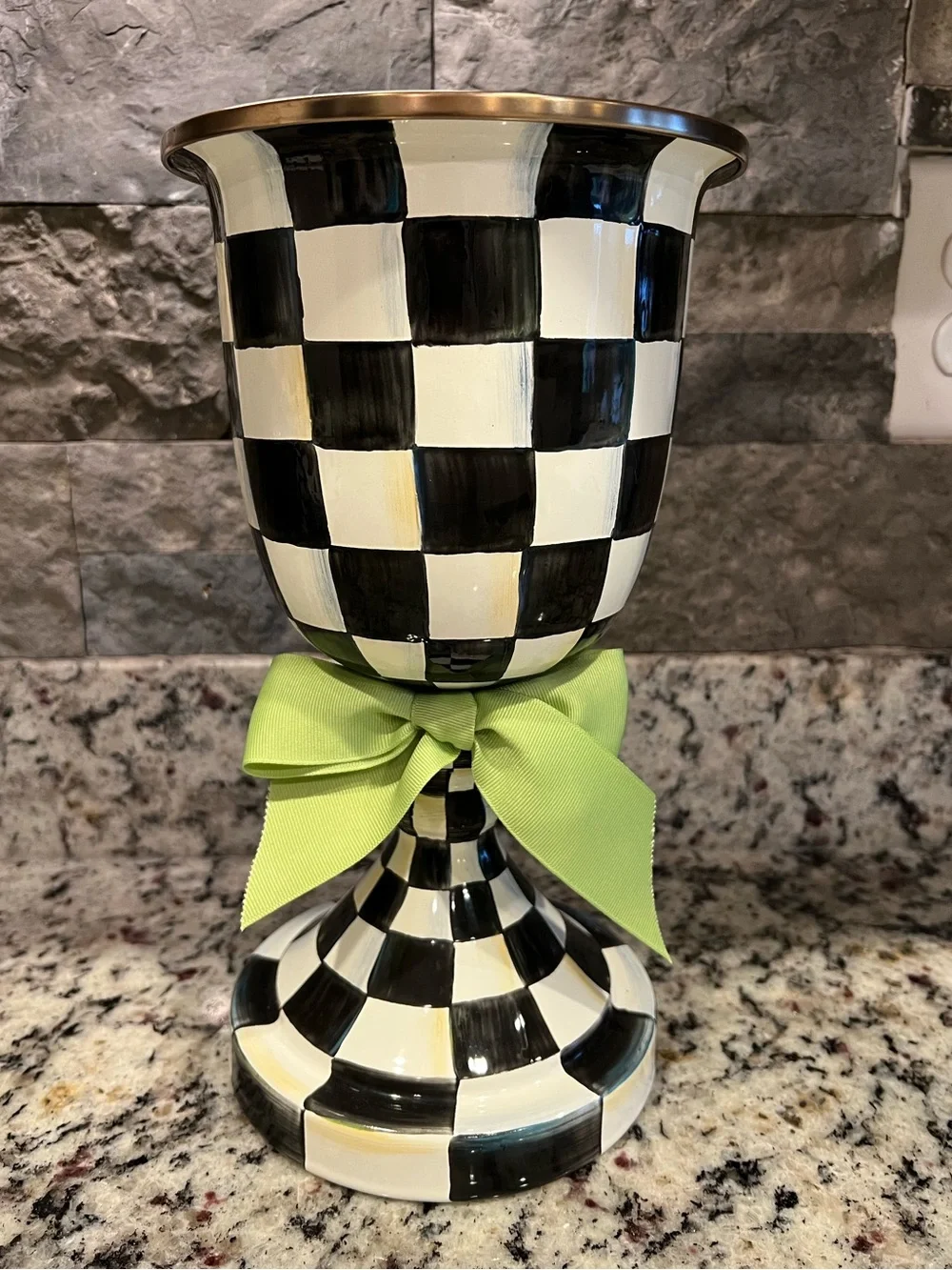 Mackenzie-Childs Courtly Check Enamel Pedestal Vase with Lime Green Bow. EUC.